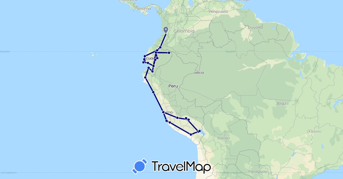TravelMap itinerary: driving in Colombia, Ecuador, Peru (South America)